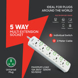 Sanford Universal 5-Way Socket Extension 13A with Surge Protection and LED Indicator | SF2303ES