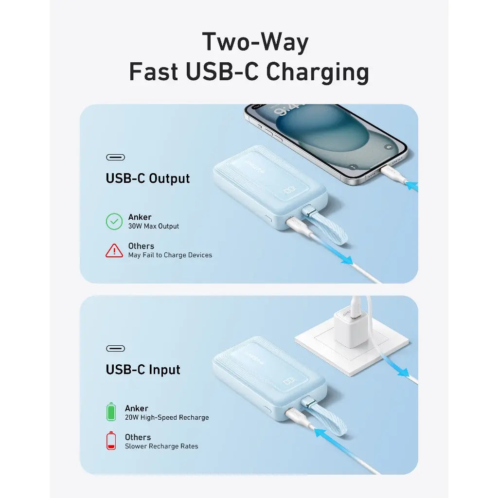 ANKER ZOLO POWER BANK 20K 30W BUILT IN USB-C AND LIGHTINING CABLE BLACK